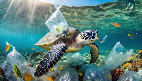 Symbolism, waste problem, plastic waste drifting in the sea and endangering animals, sea turtle,