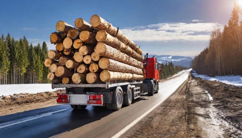 Forestry, timber industry, lorry, long timber transporter loaded with logs, on the road, AI