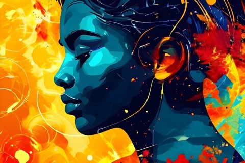 AI generated abstract portrait in vector art foundation watercolor textures with overlapping