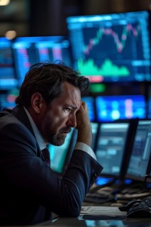 Stock trader in stress and panic in a market crash, AI generated