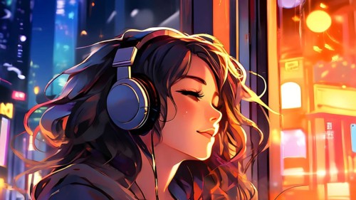 Anime style portrait of a girl with large headphones engulfing her ears, AI generated