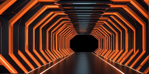 Abstract geometric pattern tunnel structure embodying data streams and communication in orange