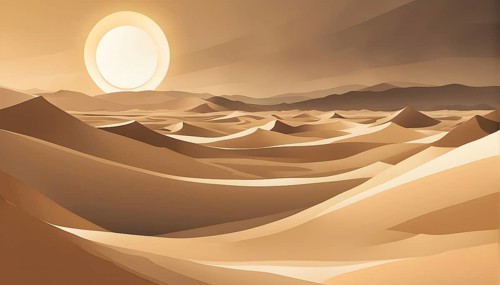 Abstract desert scene with triangular sand dunes and a single circular sun, using sharp lines and