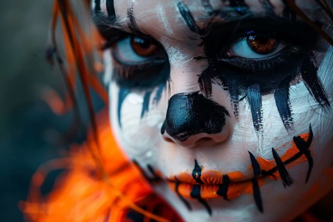 Close up of young girl child's face with scary Halloween costume face paint. Generative AI, AI