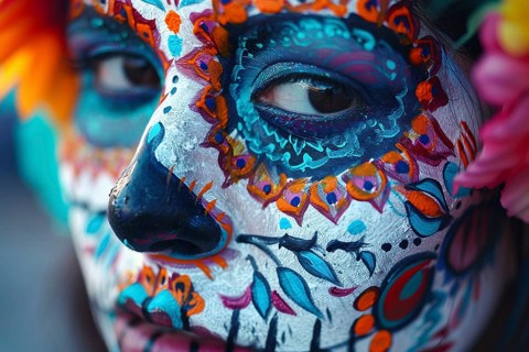Close up of woman's face with colorful Halloween Dia de los Muertos costume face paint. Generative