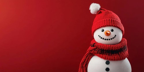 Cute snowman with knitted hat and scarf on red background with copy space. Generative AI, AI