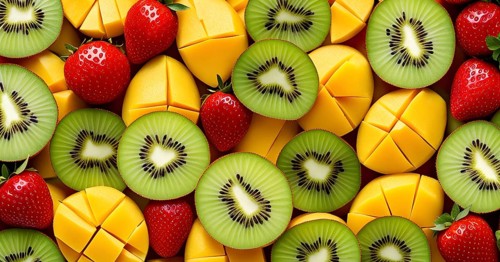 Colorful and artfully arranged slices of fruits like mangoes, strawberries, and kiwi, AI generated