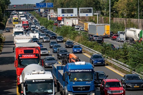 Traffic jam on the A3 motorway, over 8 lanes, in both directions, in front of the Leverkusen