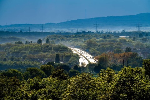 View from the Rungenberghalde, Gelsenkirchen to the west, after a rain shower, green landscape,
