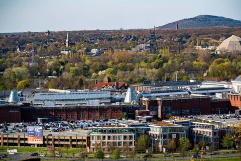 The Westfield Centro shopping centre, Neue Mitte, behind the Olga Park with the headframe of the