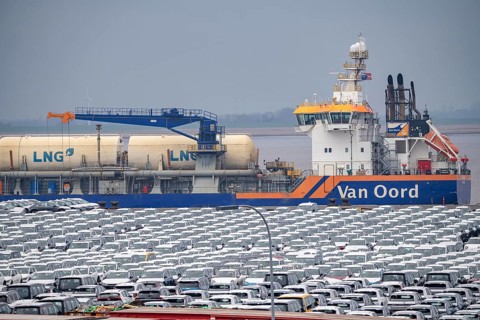 Parking space for import vehicles, hundreds of Hyundai Ioniq, electric cars, waiting for onward