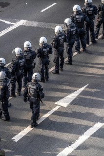 Police officers, police task force, on duty at the demonstration against the AFD party conference