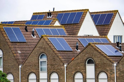 Solar modules on roofs, on pitched roofs of residential buildings, Vlissingen, Netherlands