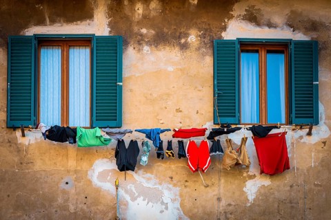 Colourful laundry for drying, dilapidated, clothesline, washing, house wall, Italy, Europe