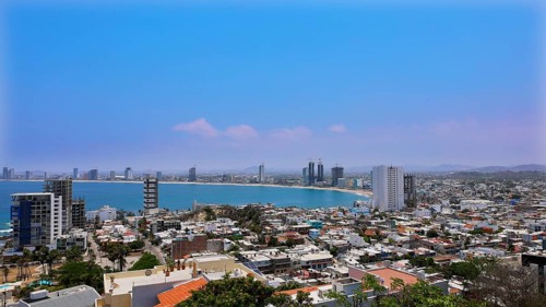Panoramic view of Mazatlan sea promenade and waterfront El Malecon with ocean lookouts and beaches