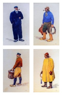 Drawings of traditional outfits of Flemish fishermen from Blankenberge and Ostend, Oostende along