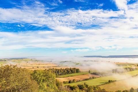 Scenics view of the countryside with fields and groves of trees and fog on a sunny autumn day