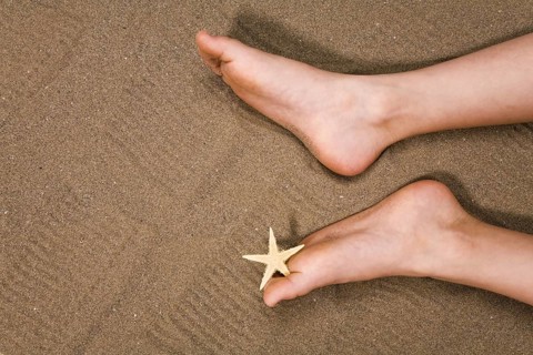 Two feet lying in the sand, starfish between the toes, holiday, North Sea coast, North Sea coast,