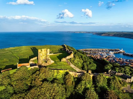 Scarborough Castle from a drone, Scarborough, North Yorkshire, England, United Kingdom, Europe