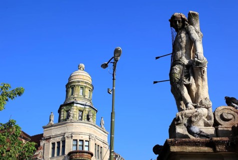 At Piata Libertatii, Freedom Square, baroque Marian column with St John of Nepomuk, Timisoara,