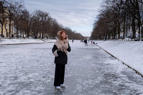 Ice skaters on the Nymphenburg Palace Canal, Nymphenburg in winter, Munich, Upper Bavaria, Bavaria,