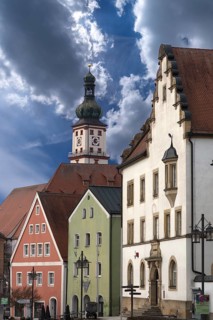 Historic houses on the market square, behind the tower of St Mary's Church, Sulzbach-Rosenberg,