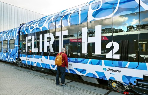 Flirt H2 hydrogen train at the InnoTrans trade fair. The FLIRT H2 train from Stadler consists of