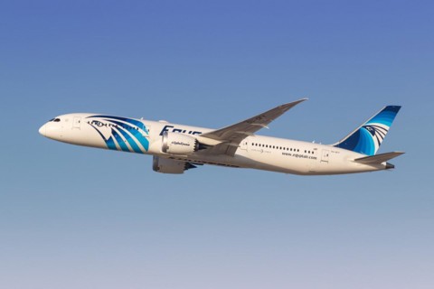 A Boeing 787-9 Dreamliner aircraft of Egyptair with the registration SU-GFY at the airport in