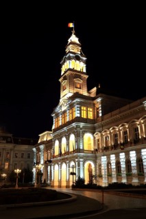 Banat, city of Arad, city centre, city hall at night, illuminated, Romania, Europe