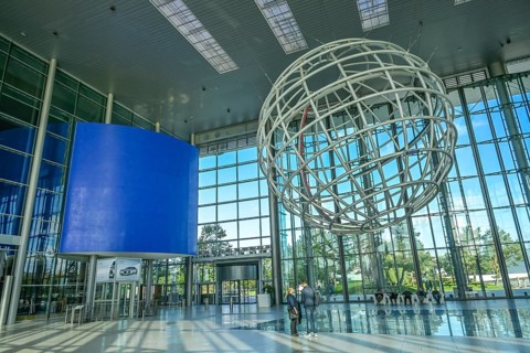 Piazza entrance area in the Group Forum, Autostadt Volkswagen, Wolfsburg, Lower Saxony, Germany,
