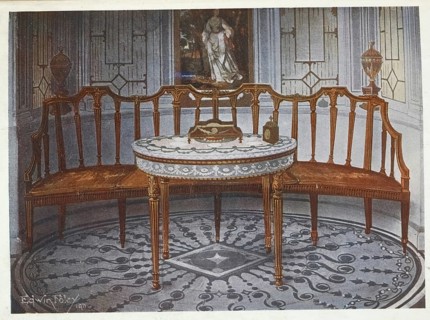 Furniture around the turn of the century 1900, Bar sofa with carved satinwood backrest, Painted and