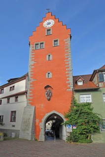 Historic upper gate tower, upper tower, gate tower, red town tower with stepped gable and clock,