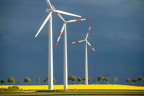 Wind turbines on a rape field, dark rain clouds, in the Rhenish lignite mining area, near