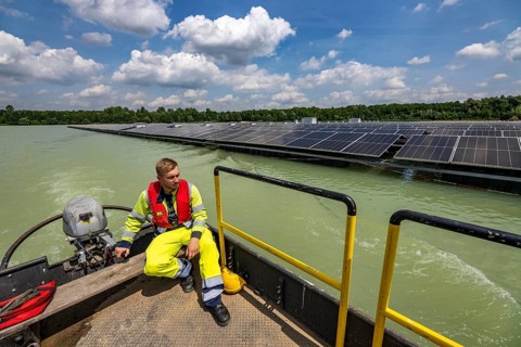 Germany's largest floating solar power plant on the Silbersee III, a quarry pond no longer used for