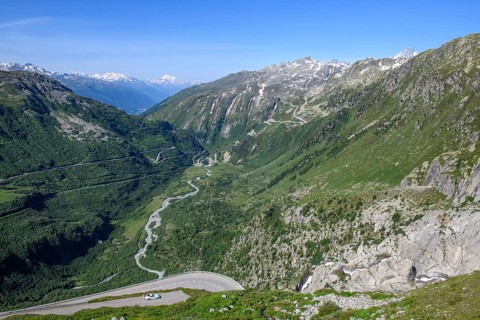 View from Furka road down the valley rhône to front bottom viewpoint to right Rhone waterfall