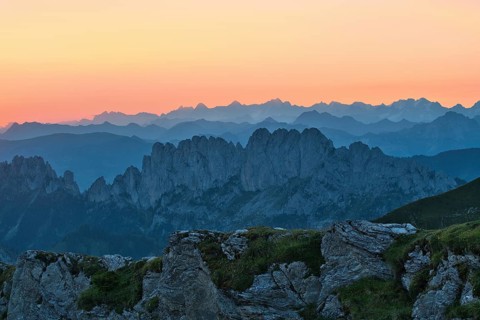 Fribourg Prealps with Gastlosen mountain range at dawn, Bernese Alps behind, cantons of Fribourg