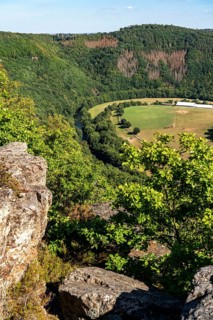 Eugenienstein, view into the Rur valley, landscape along the red sandstone route, in the Rureifel,