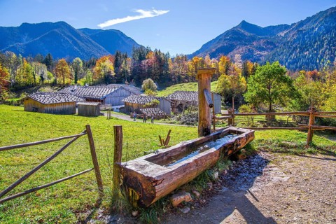Markus Wasmeier Farm Museum in autumn, Schliersee, Mangfall mountains, Upper Bavaria, Bavaria,