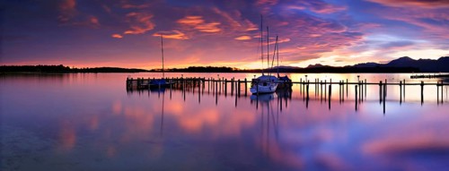 Panorama, jetty on Lake Chiemsee at sunrise, Prien am Chiemsee, Bavaria, Germany, Europe