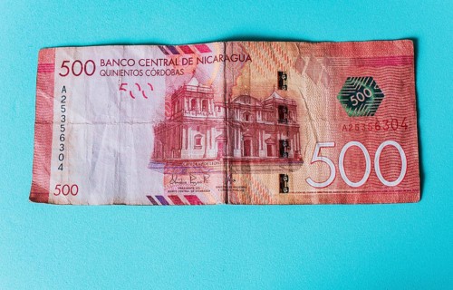 Banknote of 500 Nicaraguan cordobas isolated. 500 Nicaraguan cordobas bill on isolated background