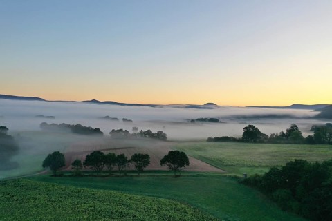 Morning fog over the Werra valley, from the Schlierbachsattel, Oberdünzenbach near Eschwege,