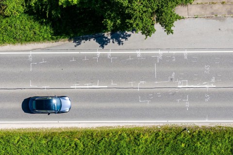 Drone photo of an accident scene. Traces of an accident on the B28 motorway near Dettingen an der