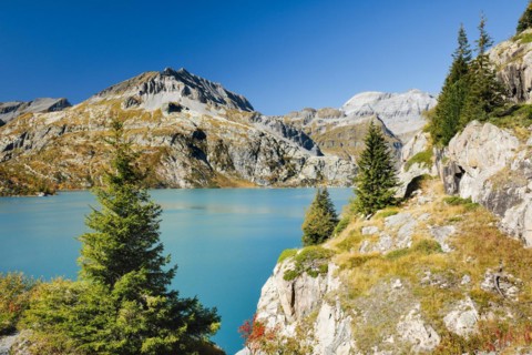 Autumn colours at Lac d'Emosson in the Valais mountains, Switzerland, Europe