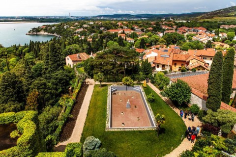 View of the castle garden, Duino Castle, with spectacular sea view, private residence of the
