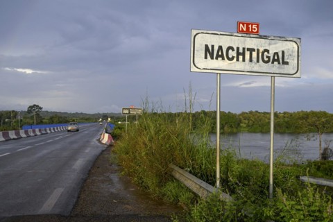 Sign at the Nachtigal Waterfalls on the Sanaga River, named after the German African explorer