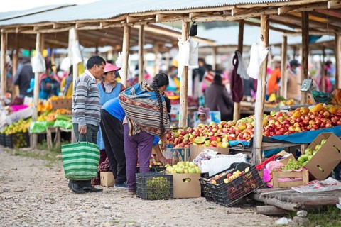 Peruvian family buys fruit at the Indio market in Chinchero, Cusco region, Peru, South America