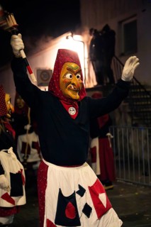 Fool figure with torch in hand celebrates carnival at night, carnival, Schellbronn night