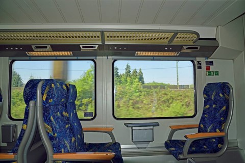 Germany, Lower Saxony, Regional train 31, Passenger compartment, Metronom, View from the window,
