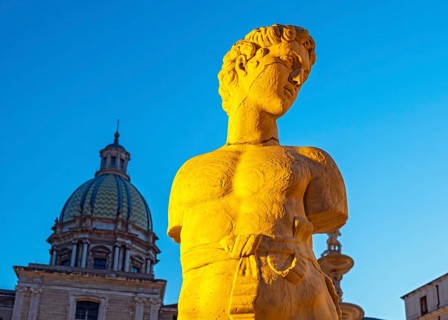 Statue detail by night, Praetorian Fountain or Fontana Pretoria, Palermo, Sicily, Italy, Europe