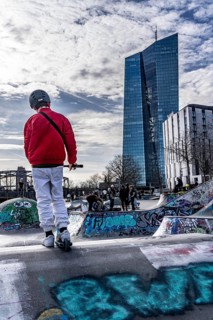 Building of the European Central Bank, ECB, Skaterpark am Ostenhafen, am Main in Frankfurt, Hesse,
